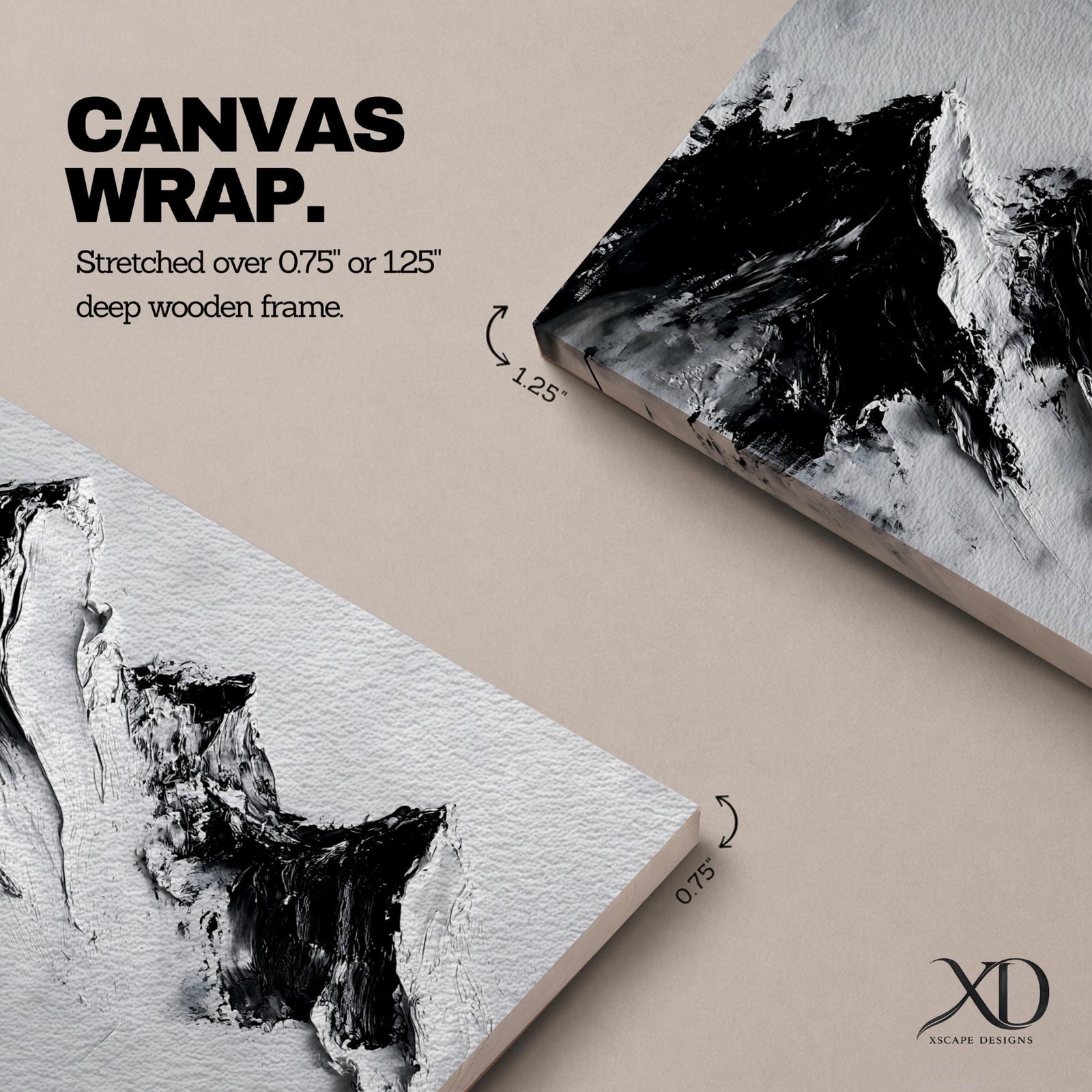 Panoramic black and white painting of alpine peaks with dramatic snowy mountains rising through mist and clouds. Thick textured brushstrokes create strong contrast between dark rocky ridges and bright snowfields, forming a minimalist monochrome mountain landscape stretching across a wide composition.