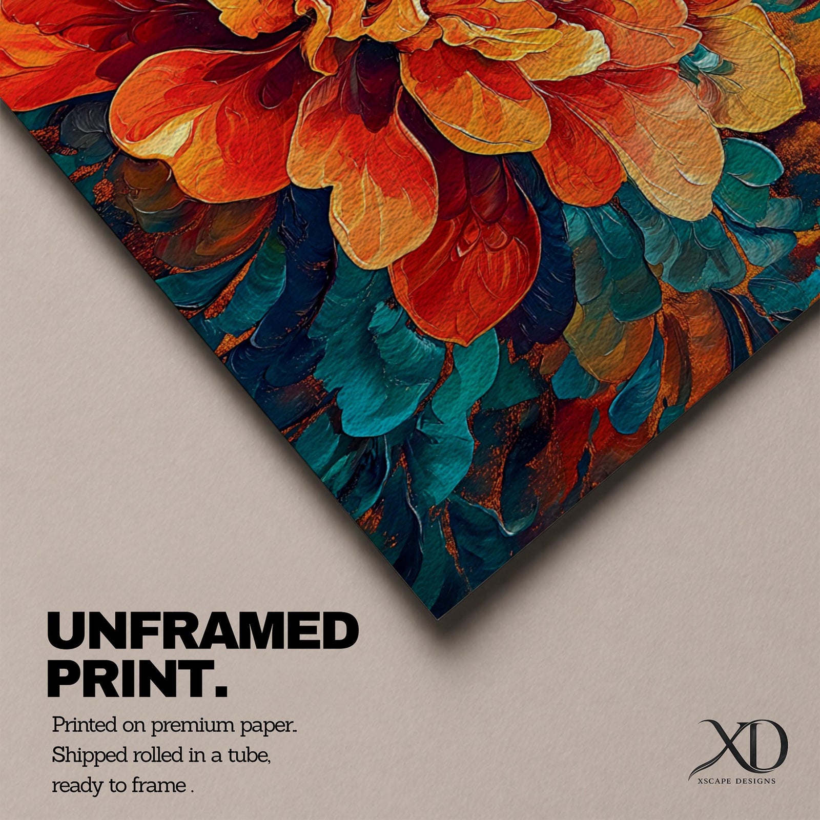 Panoramic painting of a large blooming peony style flower with layered petals in vivid orange, coral, and golden tones. Teal and deep blue leaves surround the blossom while intricate textures and flowing brushstrokes create a bold modern botanical composition centered on the vibrant floral bloom.