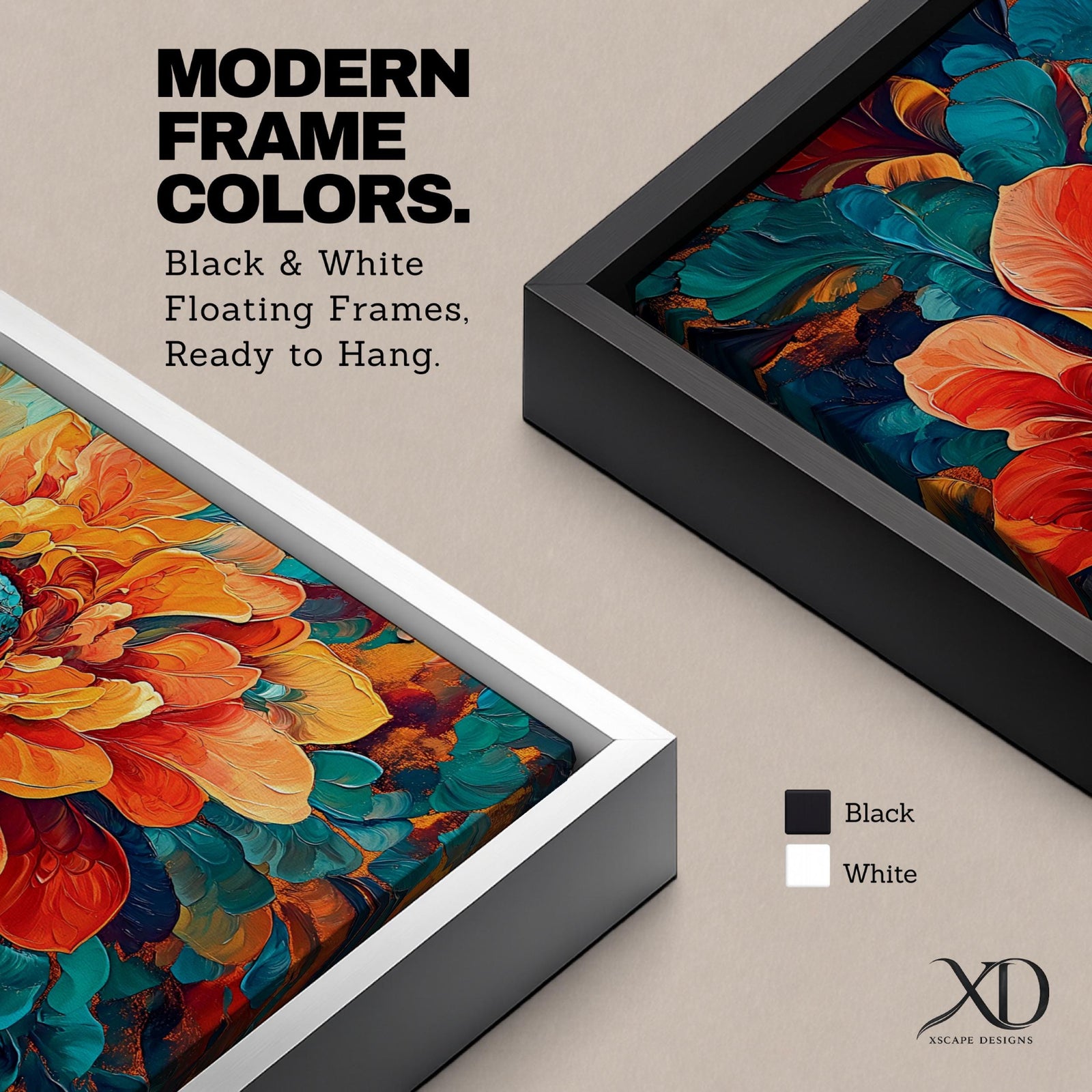 Panoramic painting of a large blooming peony style flower with layered petals in vivid orange, coral, and golden tones. Teal and deep blue leaves surround the blossom while intricate textures and flowing brushstrokes create a bold modern botanical composition centered on the vibrant floral bloom.