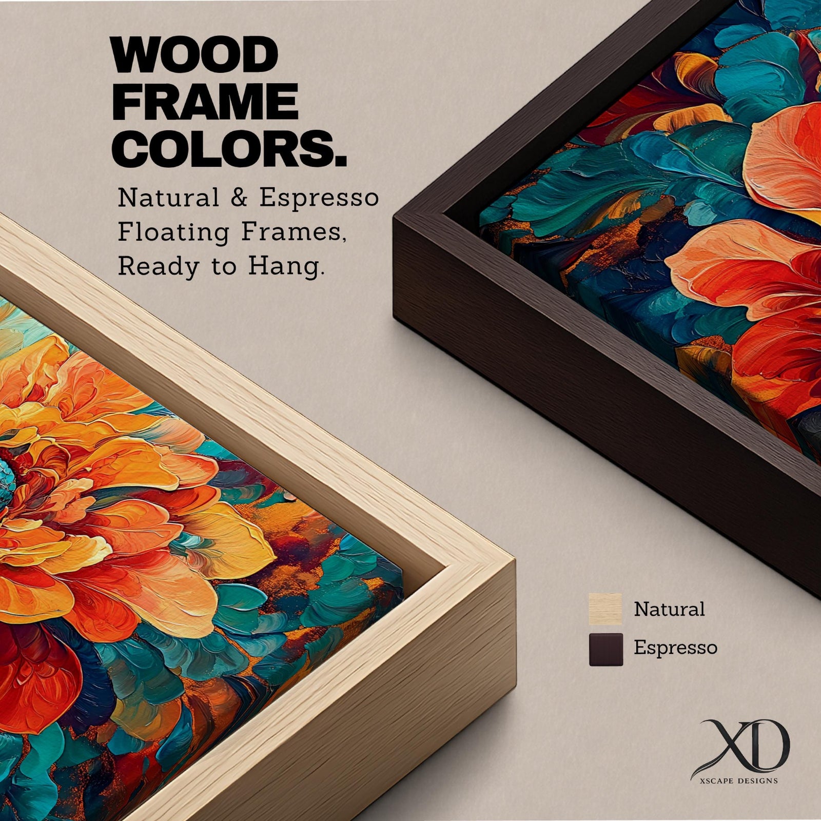 Panoramic painting of a large blooming peony style flower with layered petals in vivid orange, coral, and golden tones. Teal and deep blue leaves surround the blossom while intricate textures and flowing brushstrokes create a bold modern botanical composition centered on the vibrant floral bloom.