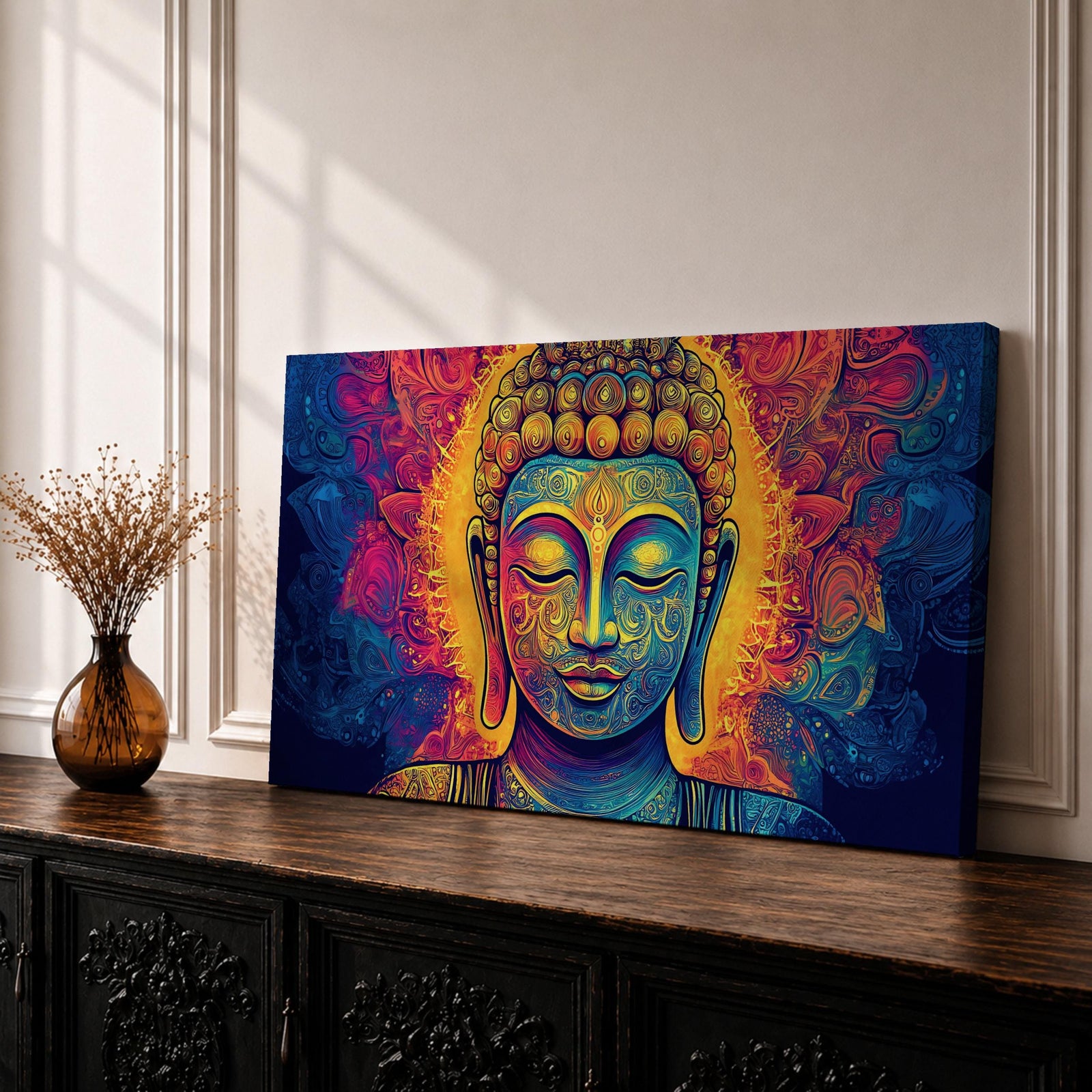 Panoramic painting of Buddha with closed eyes and a calm expression surrounded by intricate ornamental patterns and radiant golden light. Rich blue, purple, and orange tones form detailed swirling designs around the serene face, creating a vibrant spiritual portrait with symmetrical decorative elements.