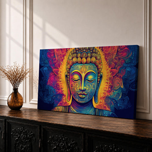 Panoramic painting of Buddha with closed eyes and a calm expression surrounded by intricate ornamental patterns and radiant golden light. Rich blue, purple, and orange tones form detailed swirling designs around the serene face, creating a vibrant spiritual portrait with symmetrical decorative elements.