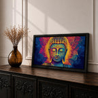 Panoramic painting of Buddha with closed eyes and a calm expression surrounded by intricate ornamental patterns and radiant golden light. Rich blue, purple, and orange tones form detailed swirling designs around the serene face, creating a vibrant spiritual portrait with symmetrical decorative elements.