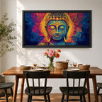 Panoramic painting of Buddha with closed eyes and a calm expression surrounded by intricate ornamental patterns and radiant golden light. Rich blue, purple, and orange tones form detailed swirling designs around the serene face, creating a vibrant spiritual portrait with symmetrical decorative elements.