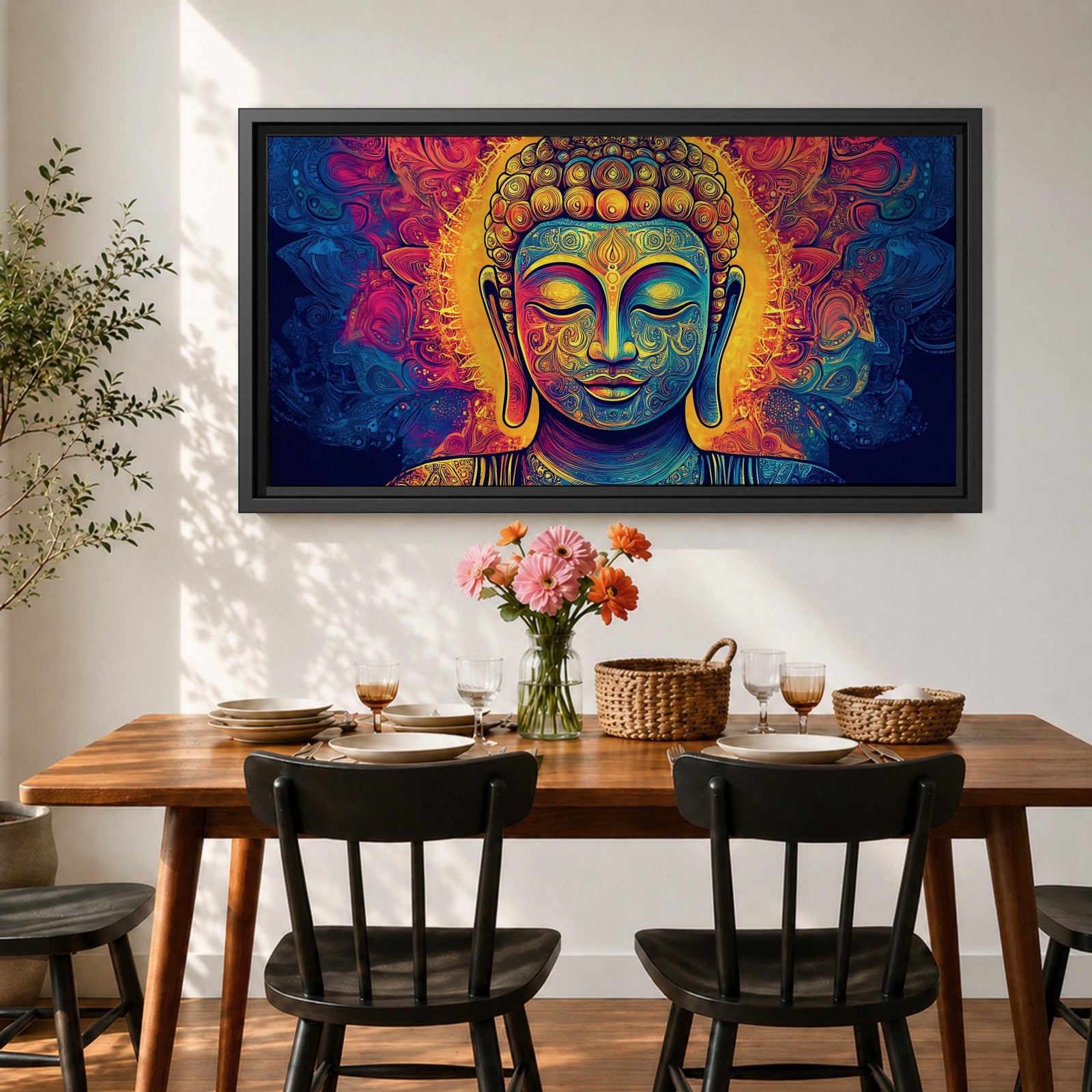 Panoramic painting of Buddha with closed eyes and a calm expression surrounded by intricate ornamental patterns and radiant golden light. Rich blue, purple, and orange tones form detailed swirling designs around the serene face, creating a vibrant spiritual portrait with symmetrical decorative elements.