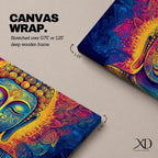 Panoramic painting of Buddha with closed eyes and a calm expression surrounded by intricate ornamental patterns and radiant golden light. Rich blue, purple, and orange tones form detailed swirling designs around the serene face, creating a vibrant spiritual portrait with symmetrical decorative elements.