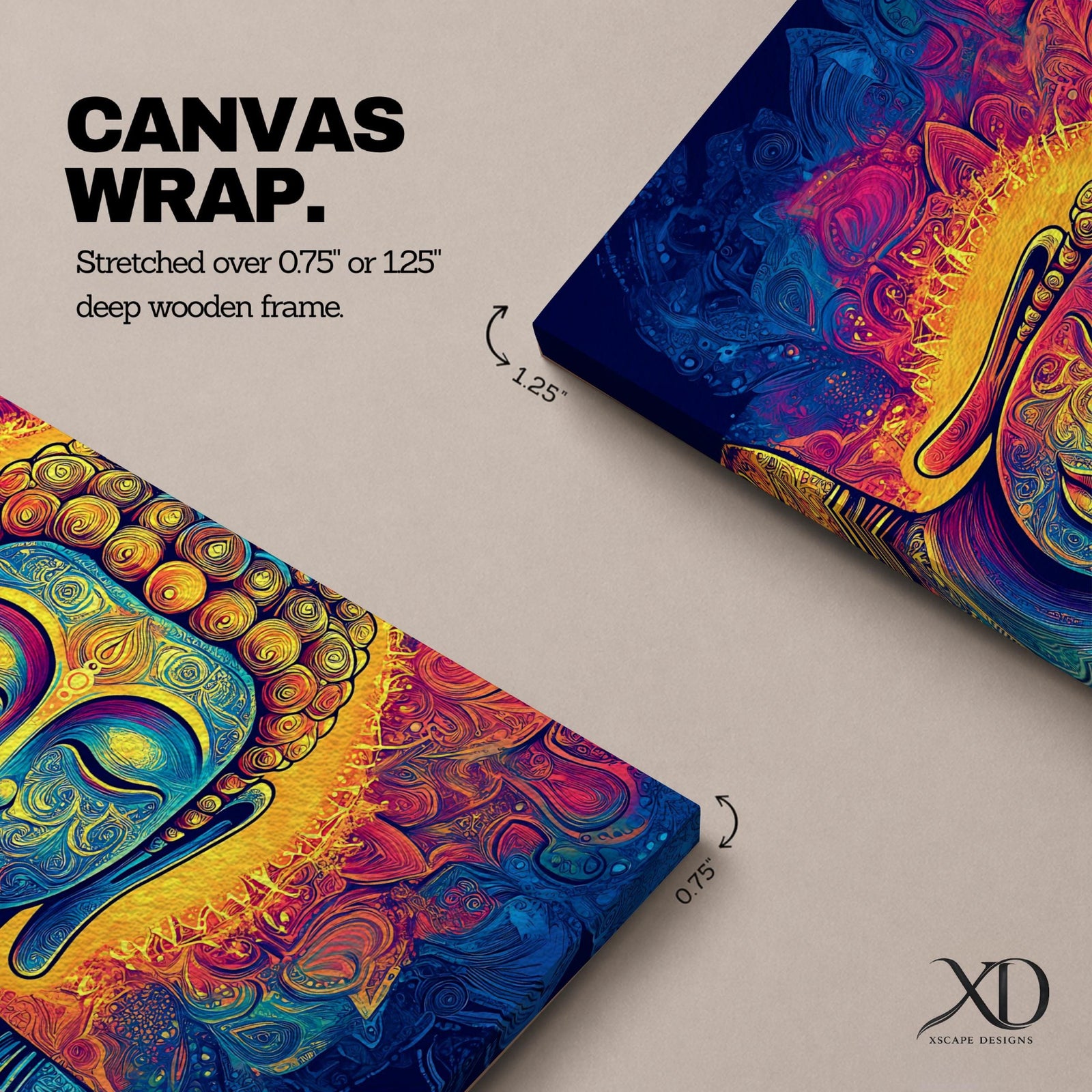 Panoramic painting of Buddha with closed eyes and a calm expression surrounded by intricate ornamental patterns and radiant golden light. Rich blue, purple, and orange tones form detailed swirling designs around the serene face, creating a vibrant spiritual portrait with symmetrical decorative elements.