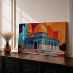 Panoramic painting of the Dome of the Rock with its golden dome and detailed Islamic architecture set against a geometric mosaic style background. Vibrant orange, blue, and red panels surround the historic Jerusalem mosque while a tall minaret rises beside the ornate structure.