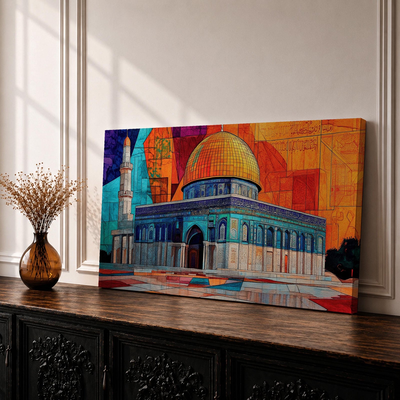 Panoramic painting of the Dome of the Rock with its golden dome and detailed Islamic architecture set against a geometric mosaic style background. Vibrant orange, blue, and red panels surround the historic Jerusalem mosque while a tall minaret rises beside the ornate structure.