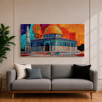 Panoramic painting of the Dome of the Rock with its golden dome and detailed Islamic architecture set against a geometric mosaic style background. Vibrant orange, blue, and red panels surround the historic Jerusalem mosque while a tall minaret rises beside the ornate structure.