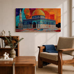 Panoramic painting of the Dome of the Rock with its golden dome and detailed Islamic architecture set against a geometric mosaic style background. Vibrant orange, blue, and red panels surround the historic Jerusalem mosque while a tall minaret rises beside the ornate structure.