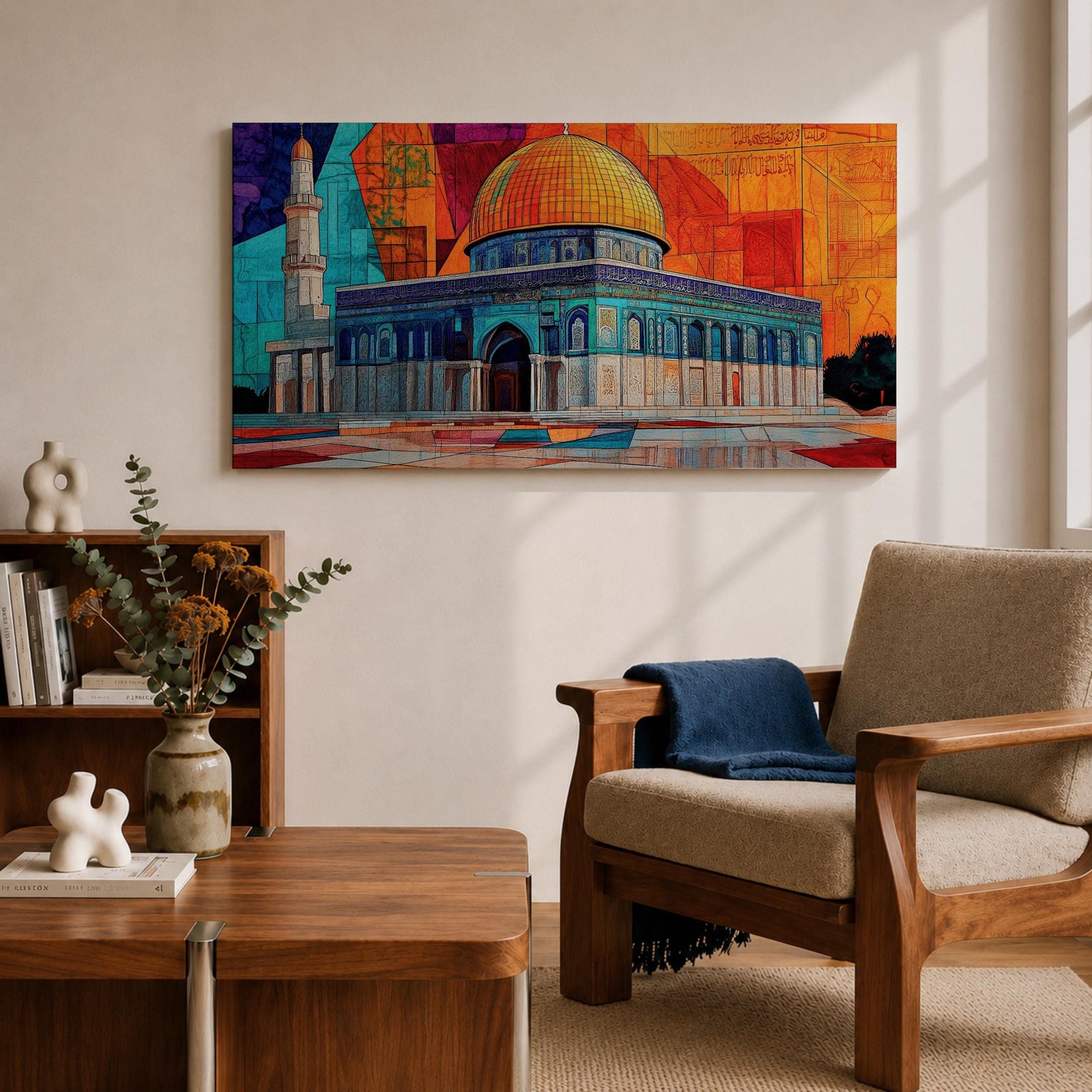 Panoramic painting of the Dome of the Rock with its golden dome and detailed Islamic architecture set against a geometric mosaic style background. Vibrant orange, blue, and red panels surround the historic Jerusalem mosque while a tall minaret rises beside the ornate structure.