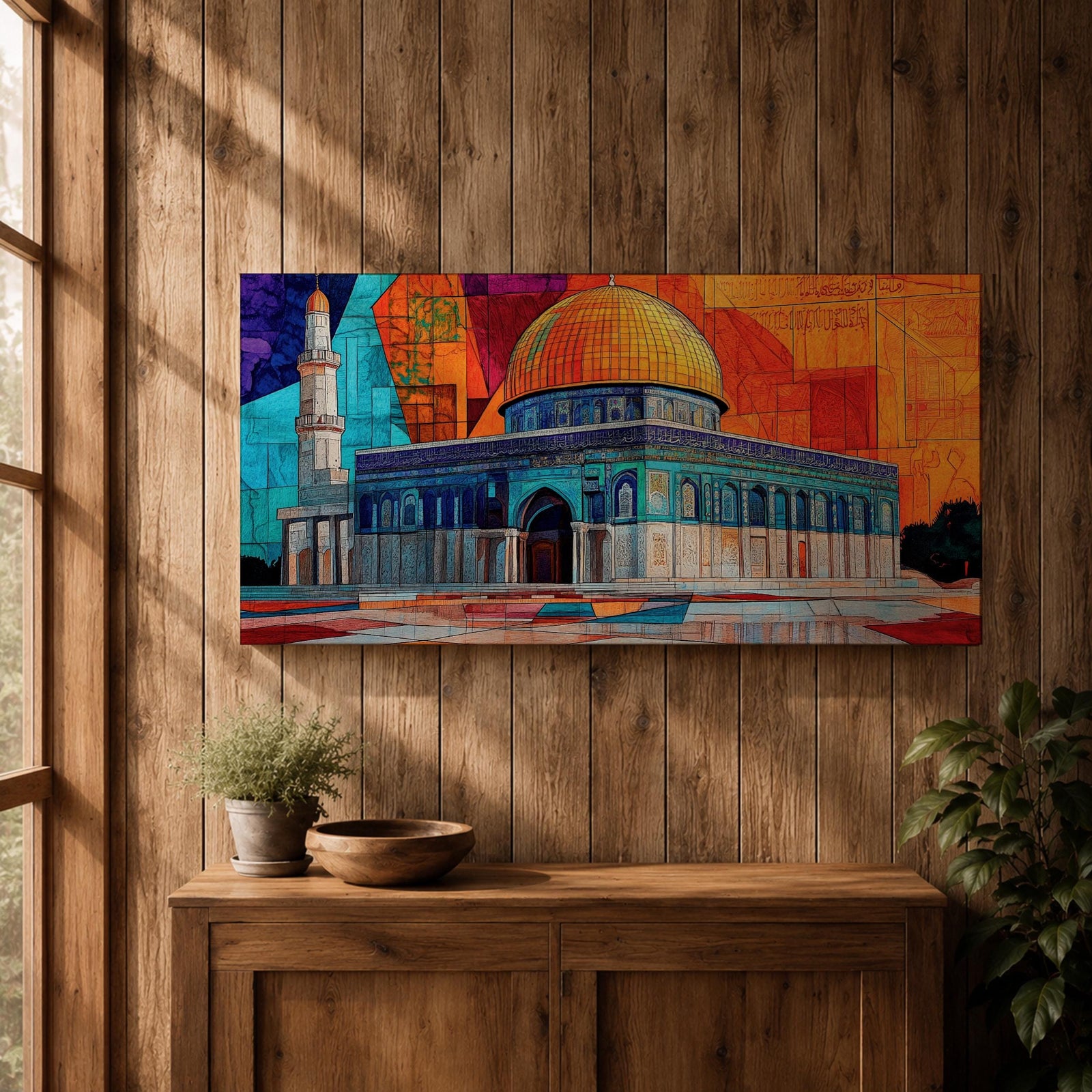 Panoramic painting of the Dome of the Rock with its golden dome and detailed Islamic architecture set against a geometric mosaic style background. Vibrant orange, blue, and red panels surround the historic Jerusalem mosque while a tall minaret rises beside the ornate structure.