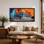 Panoramic painting of the Dome of the Rock with its golden dome and detailed Islamic architecture set against a geometric mosaic style background. Vibrant orange, blue, and red panels surround the historic Jerusalem mosque while a tall minaret rises beside the ornate structure.