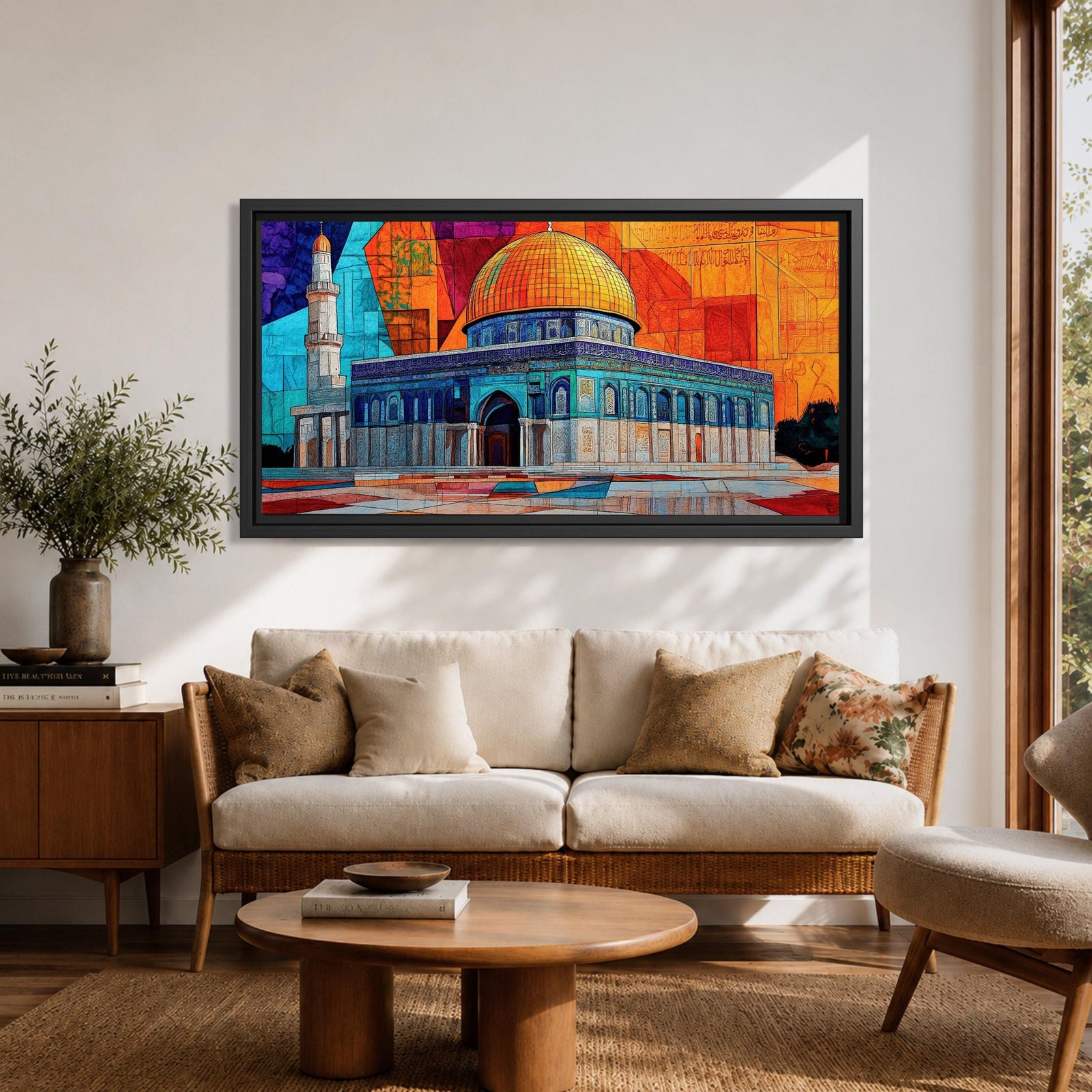 Panoramic painting of the Dome of the Rock with its golden dome and detailed Islamic architecture set against a geometric mosaic style background. Vibrant orange, blue, and red panels surround the historic Jerusalem mosque while a tall minaret rises beside the ornate structure.