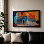 Panoramic painting of the Dome of the Rock with its golden dome and detailed Islamic architecture set against a geometric mosaic style background. Vibrant orange, blue, and red panels surround the historic Jerusalem mosque while a tall minaret rises beside the ornate structure.