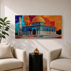 Panoramic painting of the Dome of the Rock with its golden dome and detailed Islamic architecture set against a geometric mosaic style background. Vibrant orange, blue, and red panels surround the historic Jerusalem mosque while a tall minaret rises beside the ornate structure.