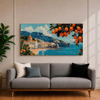 Panoramic painting of the Amalfi Coast with white seaside buildings and a domed church overlooking bright turquoise Mediterranean waters. Lemon branches heavy with citrus fruit frame the scene while mountains rise behind the coastal village beneath a blue sky with scattered clouds.