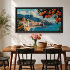 Panoramic painting of the Amalfi Coast with white seaside buildings and a domed church overlooking bright turquoise Mediterranean waters. Lemon branches heavy with citrus fruit frame the scene while mountains rise behind the coastal village beneath a blue sky with scattered clouds.