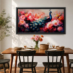 Panoramic painting of a vibrant peafowl with a flowing blue and teal tail surrounded by large blooming peony flowers. Rich pink, coral, and red petals fill the composition while detailed feather eyes shimmer across the long tail, creating a colorful botanical scene with dramatic contrast and soft glowing light.