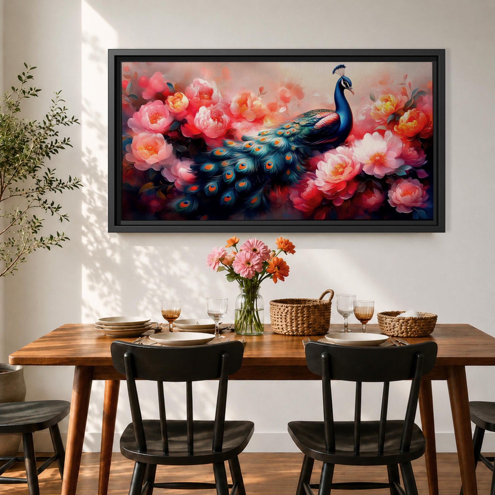 Panoramic painting of a vibrant peafowl with a flowing blue and teal tail surrounded by large blooming peony flowers. Rich pink, coral, and red petals fill the composition while detailed feather eyes shimmer across the long tail, creating a colorful botanical scene with dramatic contrast and soft glowing light.