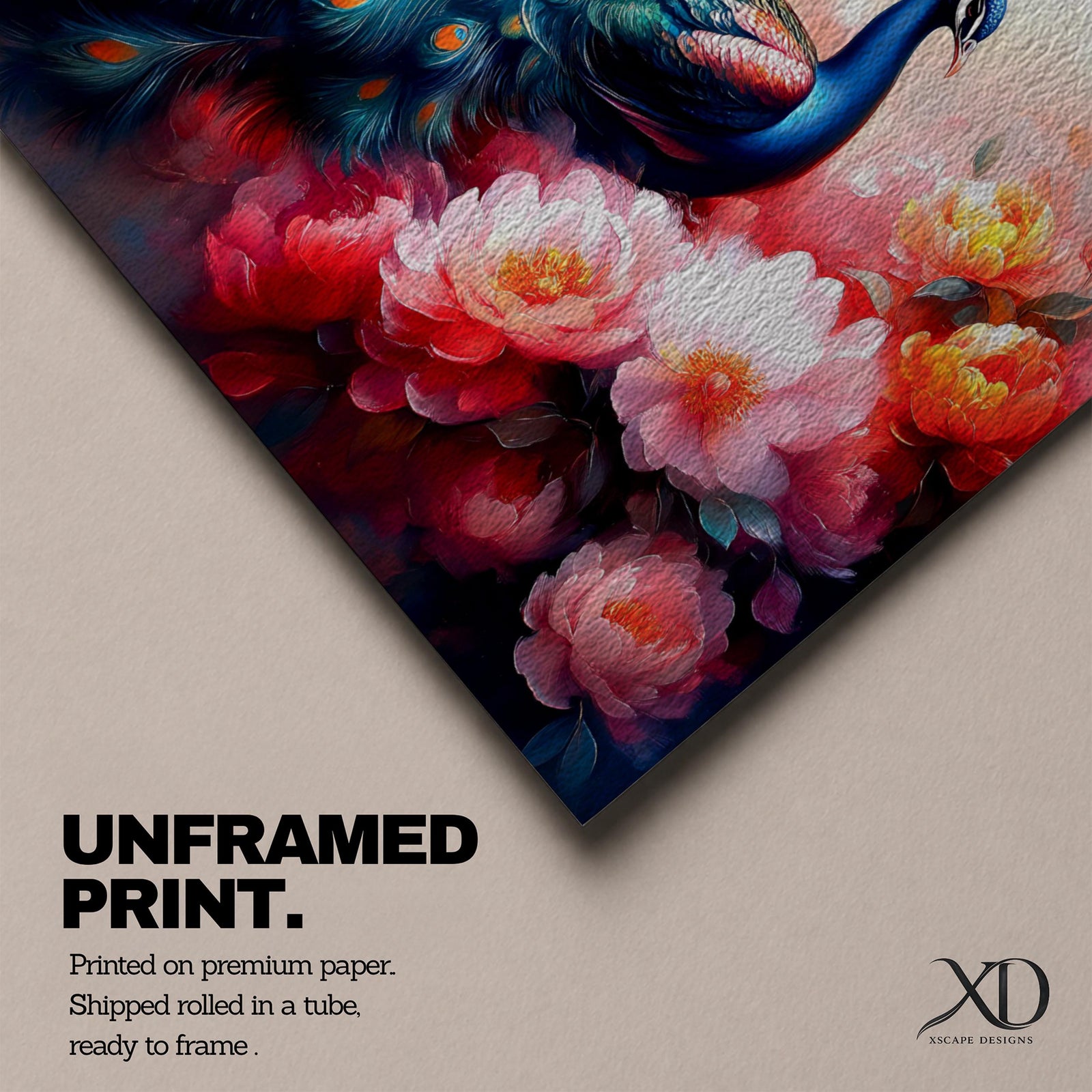 Panoramic painting of a vibrant peafowl with a flowing blue and teal tail surrounded by large blooming peony flowers. Rich pink, coral, and red petals fill the composition while detailed feather eyes shimmer across the long tail, creating a colorful botanical scene with dramatic contrast and soft glowing light.