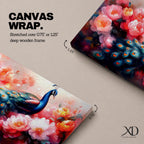 Panoramic painting of a vibrant peafowl with a flowing blue and teal tail surrounded by large blooming peony flowers. Rich pink, coral, and red petals fill the composition while detailed feather eyes shimmer across the long tail, creating a colorful botanical scene with dramatic contrast and soft glowing light.