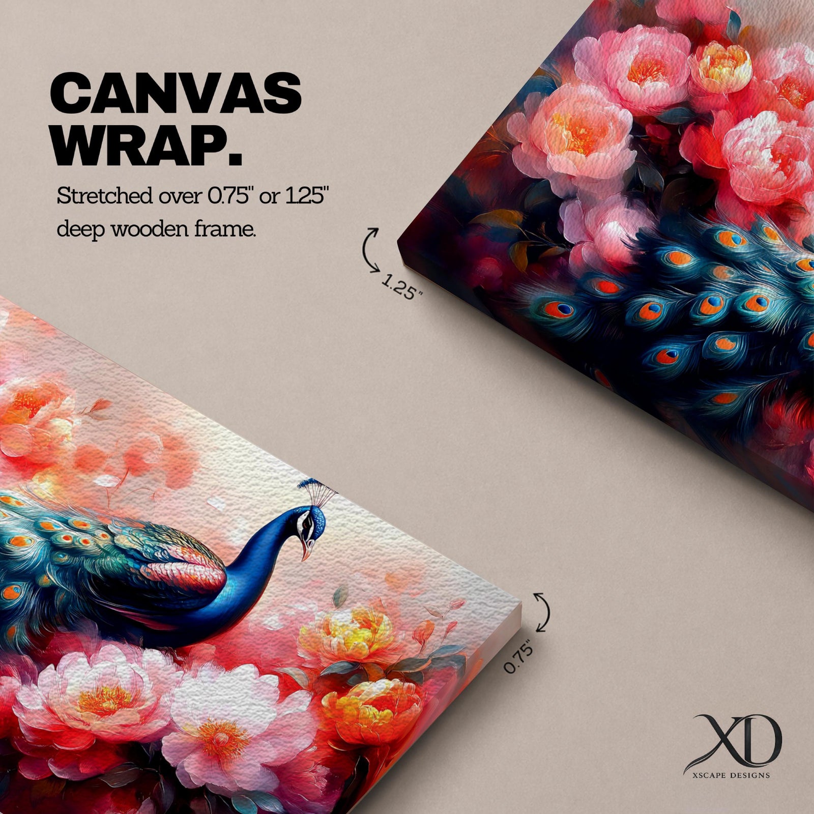 Panoramic painting of a vibrant peafowl with a flowing blue and teal tail surrounded by large blooming peony flowers. Rich pink, coral, and red petals fill the composition while detailed feather eyes shimmer across the long tail, creating a colorful botanical scene with dramatic contrast and soft glowing light.