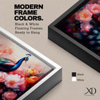 Panoramic painting of a vibrant peafowl with a flowing blue and teal tail surrounded by large blooming peony flowers. Rich pink, coral, and red petals fill the composition while detailed feather eyes shimmer across the long tail, creating a colorful botanical scene with dramatic contrast and soft glowing light.