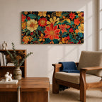 Panoramic illustration of a dense floral garden pattern filled with layered blossoms and detailed leaves. Large red, orange, yellow, and cream flowers spread across a dark background while teal foliage and curling botanical stems create an intricate decorative composition of overlapping garden blooms.