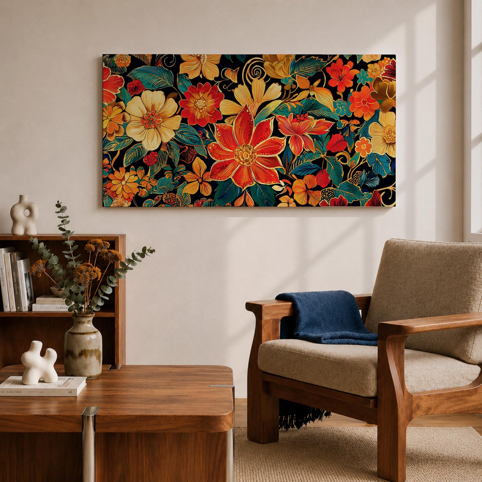 Panoramic illustration of a dense floral garden pattern filled with layered blossoms and detailed leaves. Large red, orange, yellow, and cream flowers spread across a dark background while teal foliage and curling botanical stems create an intricate decorative composition of overlapping garden blooms.