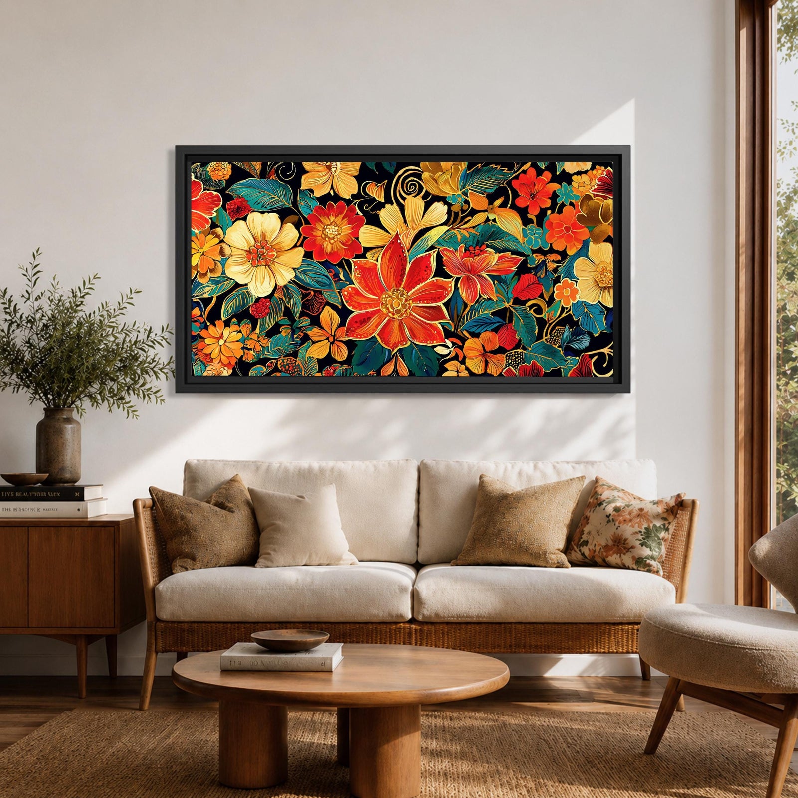 Panoramic illustration of a dense floral garden pattern filled with layered blossoms and detailed leaves. Large red, orange, yellow, and cream flowers spread across a dark background while teal foliage and curling botanical stems create an intricate decorative composition of overlapping garden blooms.