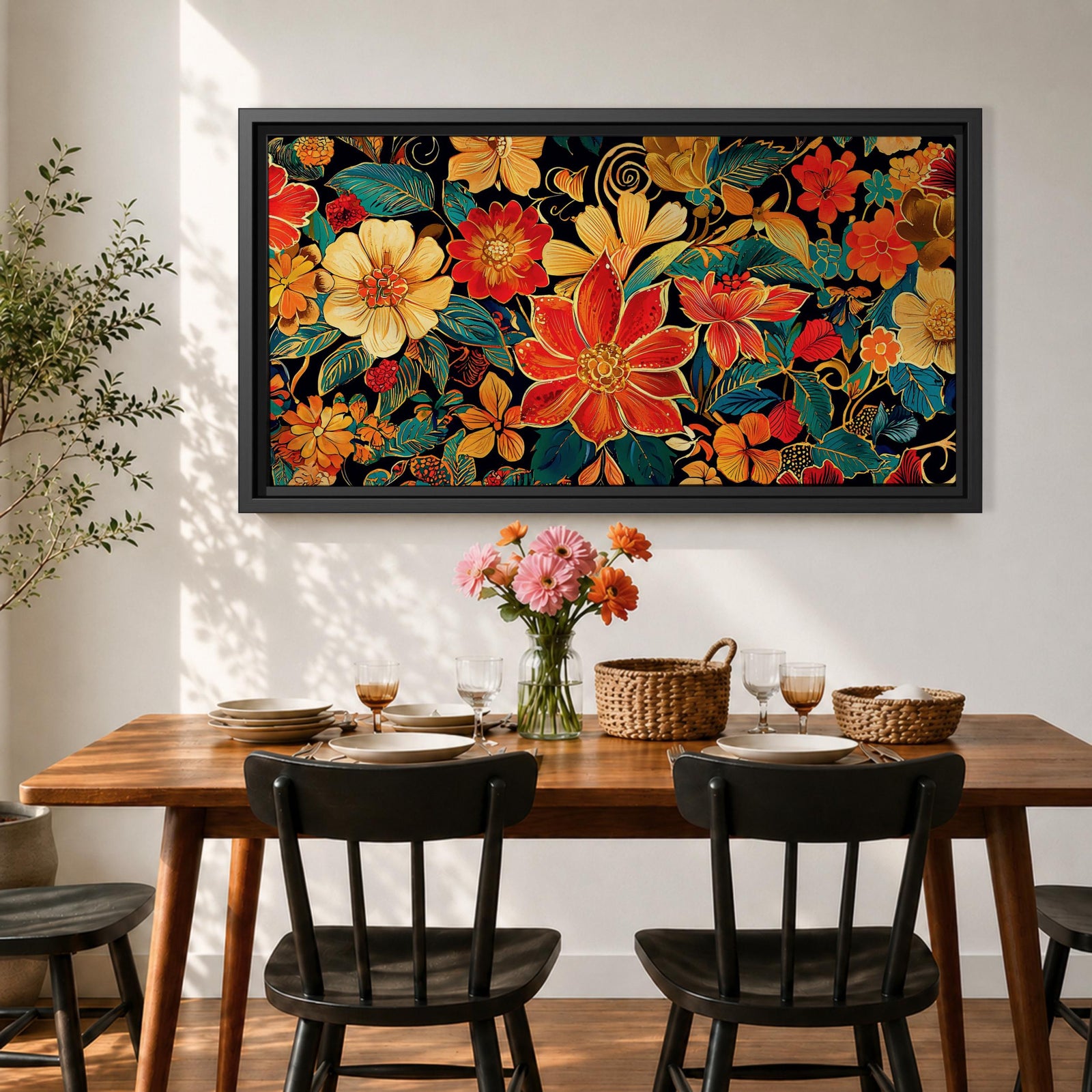 Panoramic illustration of a dense floral garden pattern filled with layered blossoms and detailed leaves. Large red, orange, yellow, and cream flowers spread across a dark background while teal foliage and curling botanical stems create an intricate decorative composition of overlapping garden blooms.