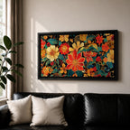 Panoramic illustration of a dense floral garden pattern filled with layered blossoms and detailed leaves. Large red, orange, yellow, and cream flowers spread across a dark background while teal foliage and curling botanical stems create an intricate decorative composition of overlapping garden blooms.