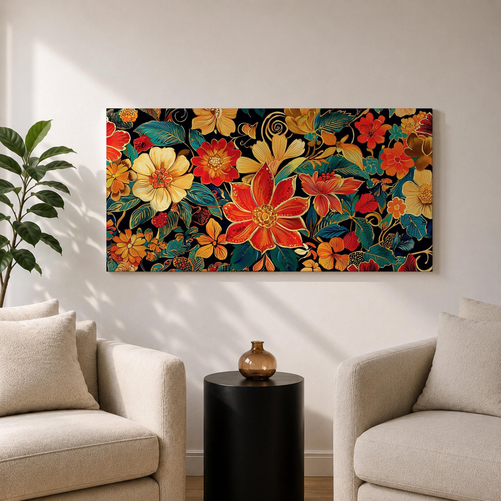 Panoramic illustration of a dense floral garden pattern filled with layered blossoms and detailed leaves. Large red, orange, yellow, and cream flowers spread across a dark background while teal foliage and curling botanical stems create an intricate decorative composition of overlapping garden blooms.