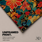 Panoramic illustration of a dense floral garden pattern filled with layered blossoms and detailed leaves. Large red, orange, yellow, and cream flowers spread across a dark background while teal foliage and curling botanical stems create an intricate decorative composition of overlapping garden blooms.