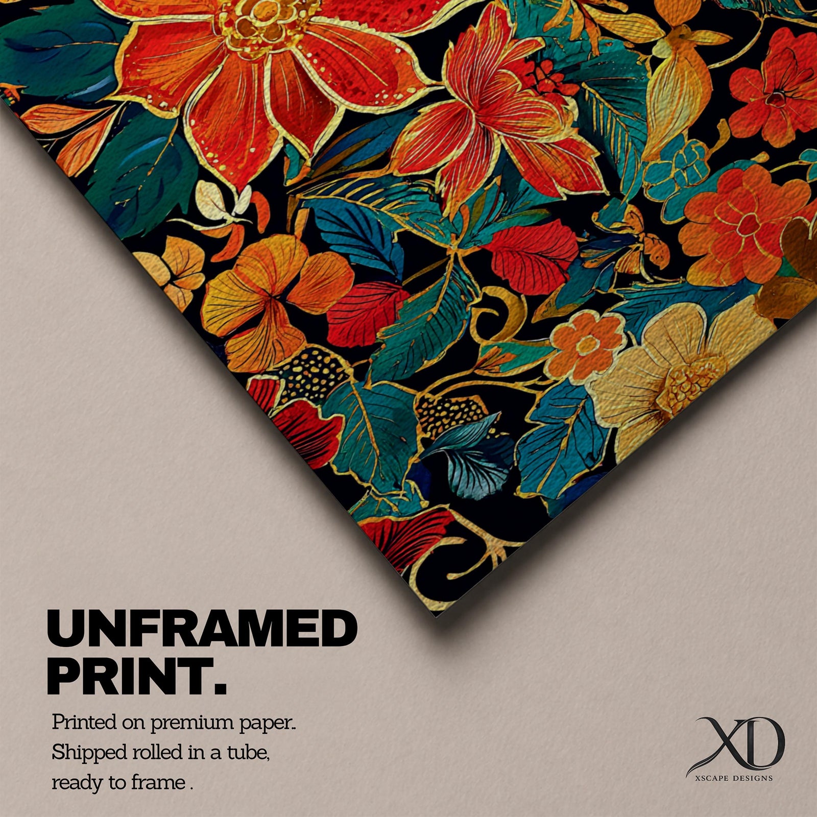 Panoramic illustration of a dense floral garden pattern filled with layered blossoms and detailed leaves. Large red, orange, yellow, and cream flowers spread across a dark background while teal foliage and curling botanical stems create an intricate decorative composition of overlapping garden blooms.