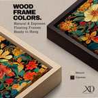 Panoramic illustration of a dense floral garden pattern filled with layered blossoms and detailed leaves. Large red, orange, yellow, and cream flowers spread across a dark background while teal foliage and curling botanical stems create an intricate decorative composition of overlapping garden blooms.
