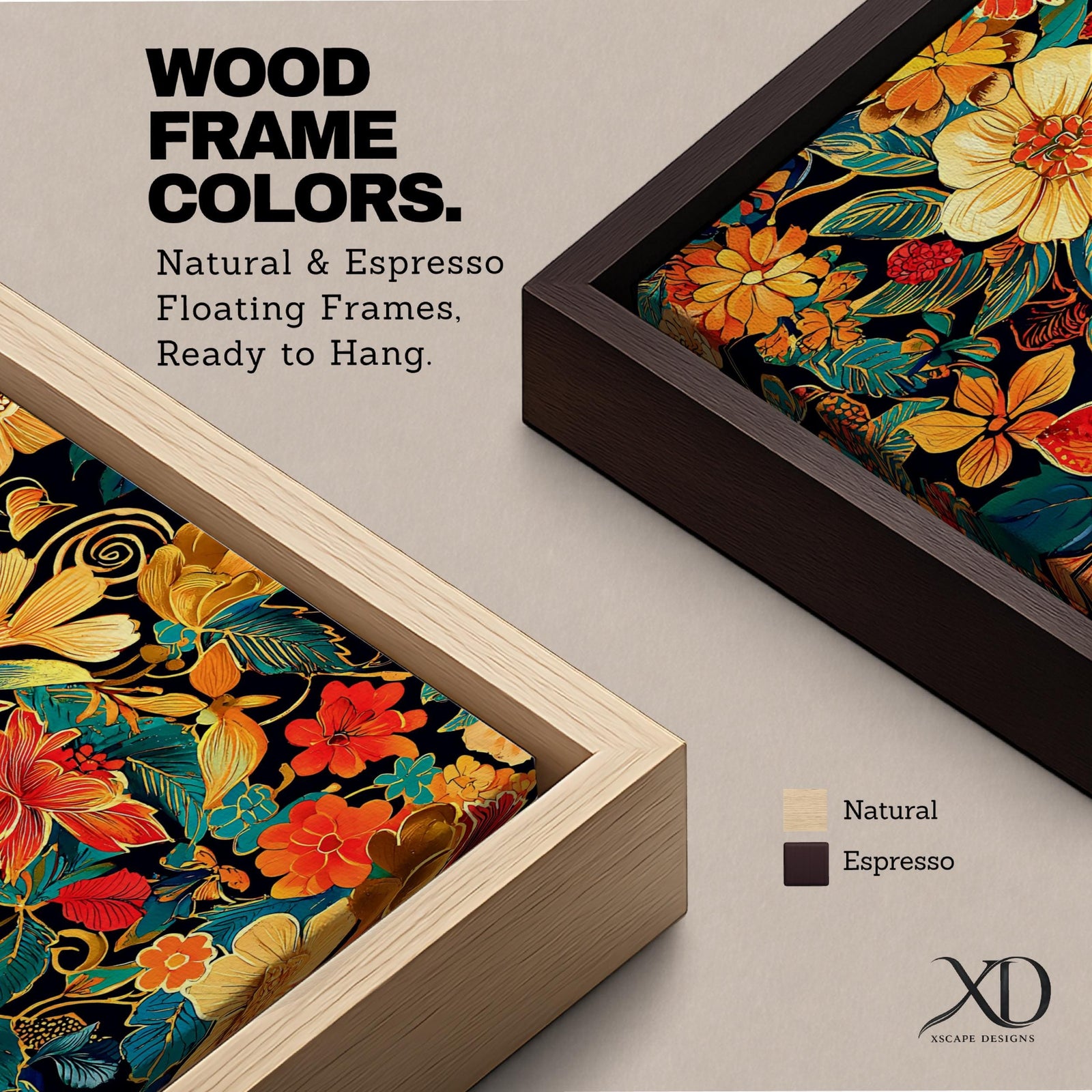 Panoramic illustration of a dense floral garden pattern filled with layered blossoms and detailed leaves. Large red, orange, yellow, and cream flowers spread across a dark background while teal foliage and curling botanical stems create an intricate decorative composition of overlapping garden blooms.
