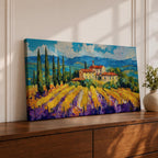 Panoramic painting of a Tuscany vineyard with golden rows of vines leading toward a rustic farmhouse and tall cypress trees. Rolling Italian hills stretch into the distance beneath a bright blue sky with textured clouds, while bold brushstrokes create a vibrant countryside landscape.