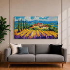 Panoramic painting of a Tuscany vineyard with golden rows of vines leading toward a rustic farmhouse and tall cypress trees. Rolling Italian hills stretch into the distance beneath a bright blue sky with textured clouds, while bold brushstrokes create a vibrant countryside landscape.