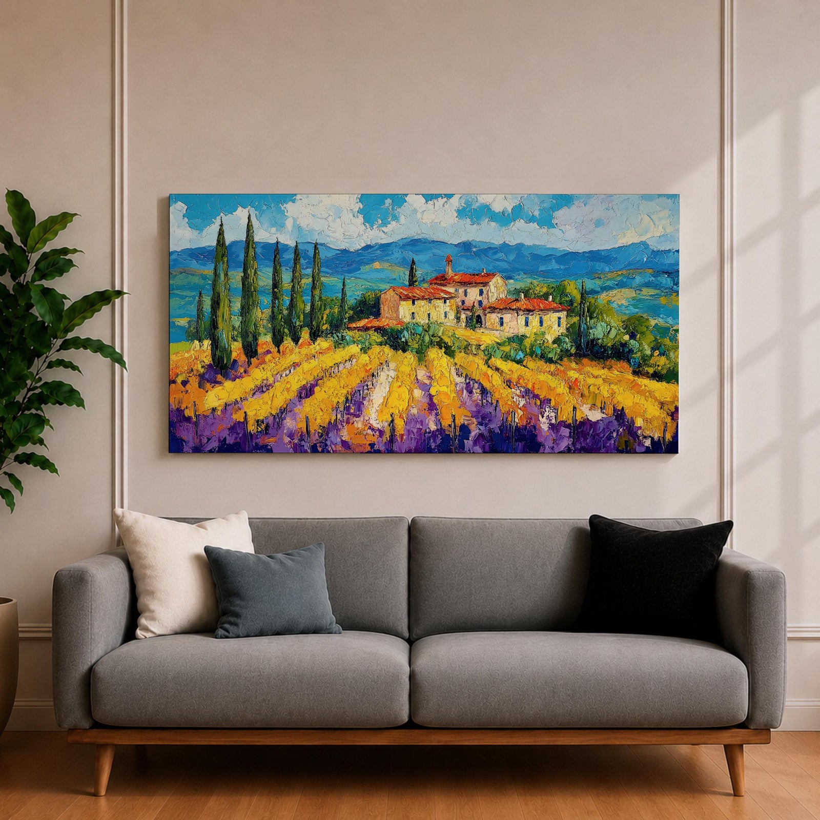 Panoramic painting of a Tuscany vineyard with golden rows of vines leading toward a rustic farmhouse and tall cypress trees. Rolling Italian hills stretch into the distance beneath a bright blue sky with textured clouds, while bold brushstrokes create a vibrant countryside landscape.