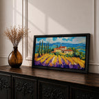 Panoramic painting of a Tuscany vineyard with golden rows of vines leading toward a rustic farmhouse and tall cypress trees. Rolling Italian hills stretch into the distance beneath a bright blue sky with textured clouds, while bold brushstrokes create a vibrant countryside landscape.