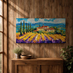 Panoramic painting of a Tuscany vineyard with golden rows of vines leading toward a rustic farmhouse and tall cypress trees. Rolling Italian hills stretch into the distance beneath a bright blue sky with textured clouds, while bold brushstrokes create a vibrant countryside landscape.