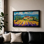 Panoramic painting of a Tuscany vineyard with golden rows of vines leading toward a rustic farmhouse and tall cypress trees. Rolling Italian hills stretch into the distance beneath a bright blue sky with textured clouds, while bold brushstrokes create a vibrant countryside landscape.