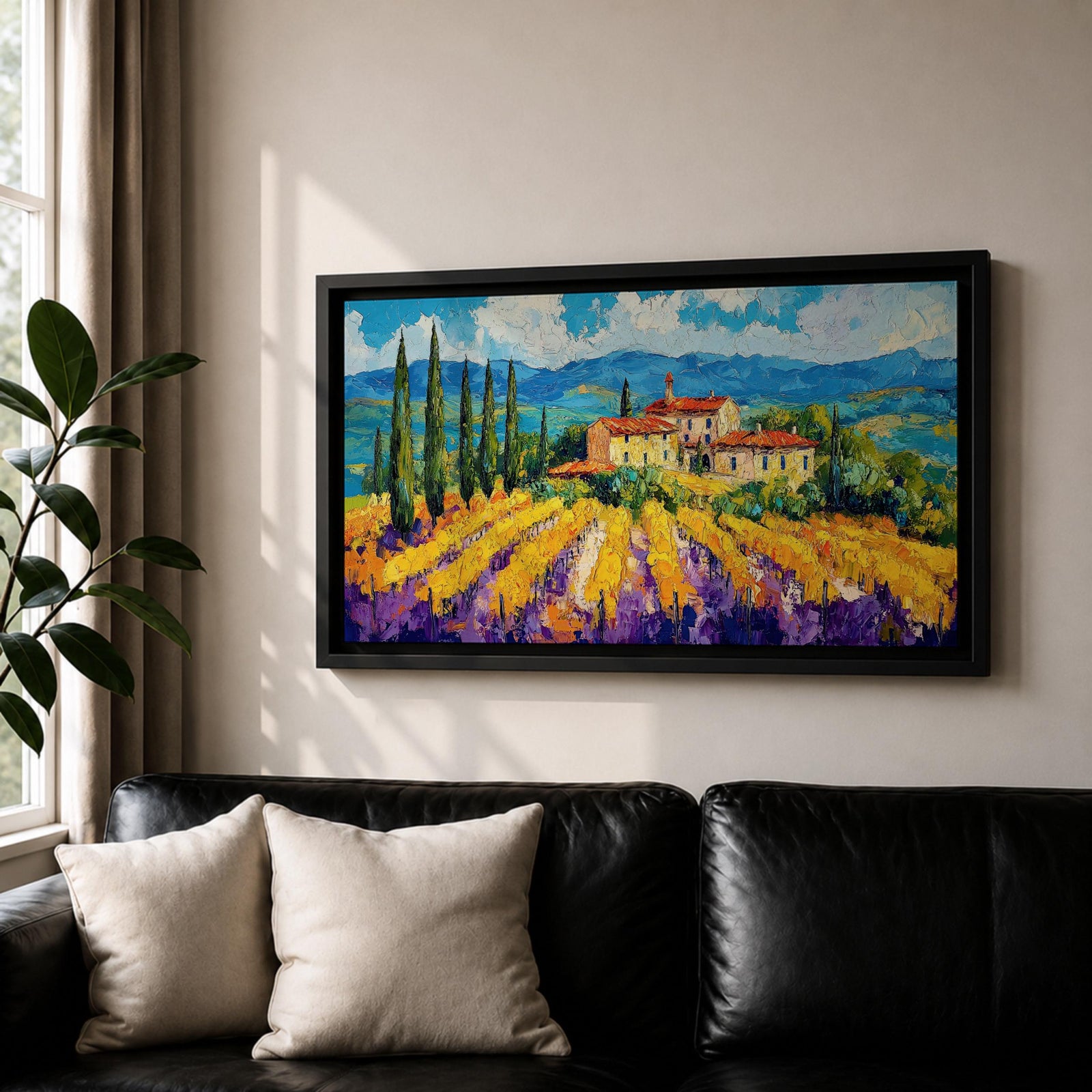 Panoramic painting of a Tuscany vineyard with golden rows of vines leading toward a rustic farmhouse and tall cypress trees. Rolling Italian hills stretch into the distance beneath a bright blue sky with textured clouds, while bold brushstrokes create a vibrant countryside landscape.