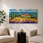 Panoramic painting of a Tuscany vineyard with golden rows of vines leading toward a rustic farmhouse and tall cypress trees. Rolling Italian hills stretch into the distance beneath a bright blue sky with textured clouds, while bold brushstrokes create a vibrant countryside landscape.