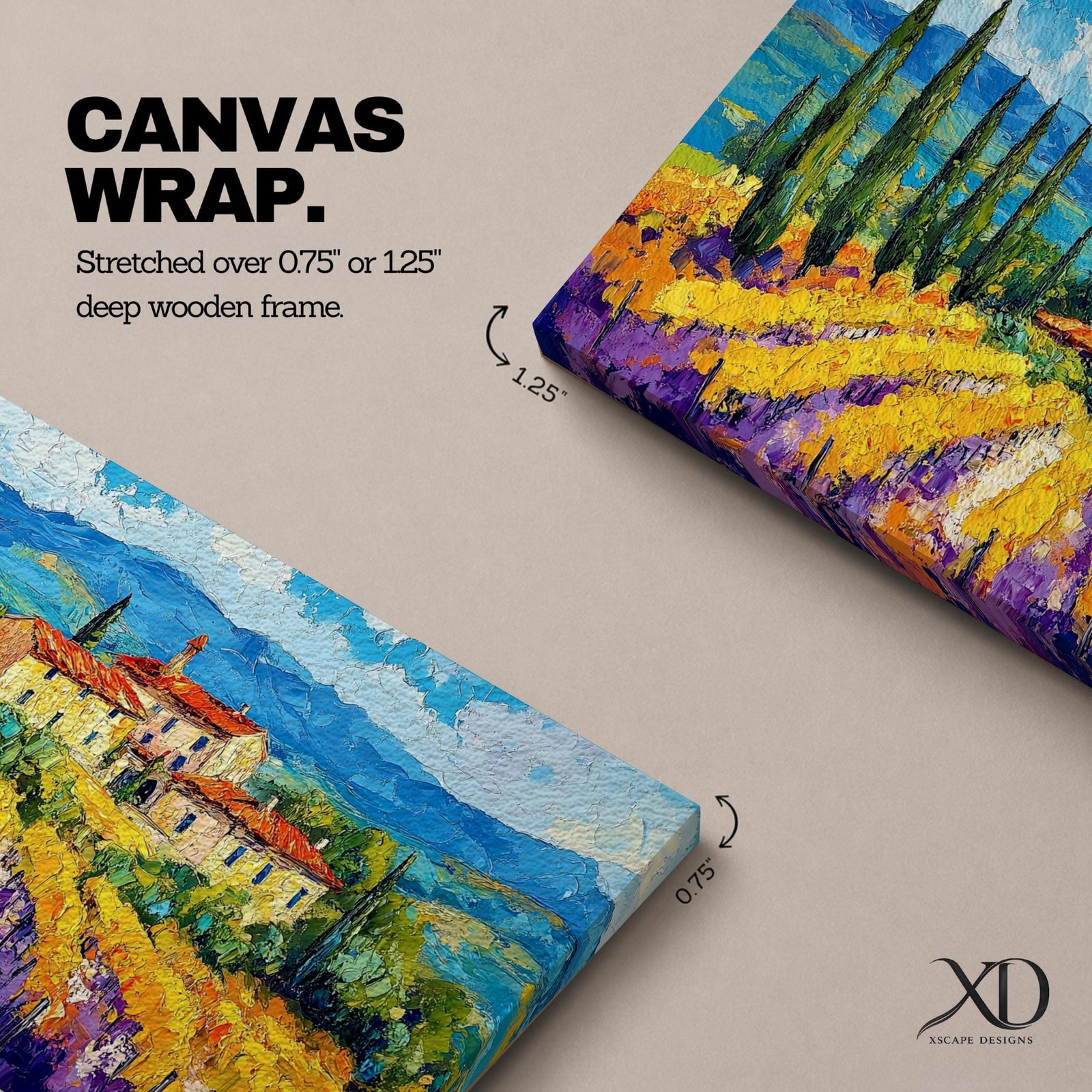Panoramic painting of a Tuscany vineyard with golden rows of vines leading toward a rustic farmhouse and tall cypress trees. Rolling Italian hills stretch into the distance beneath a bright blue sky with textured clouds, while bold brushstrokes create a vibrant countryside landscape.
