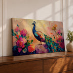 Panoramic painting of a peacock standing among blooming peony flowers with layered petals in pink, coral, and red tones. The bird displays vibrant blue and green plumage with eye patterned tail feathers while soft light and expressive brushstrokes create a lush botanical garden composition.