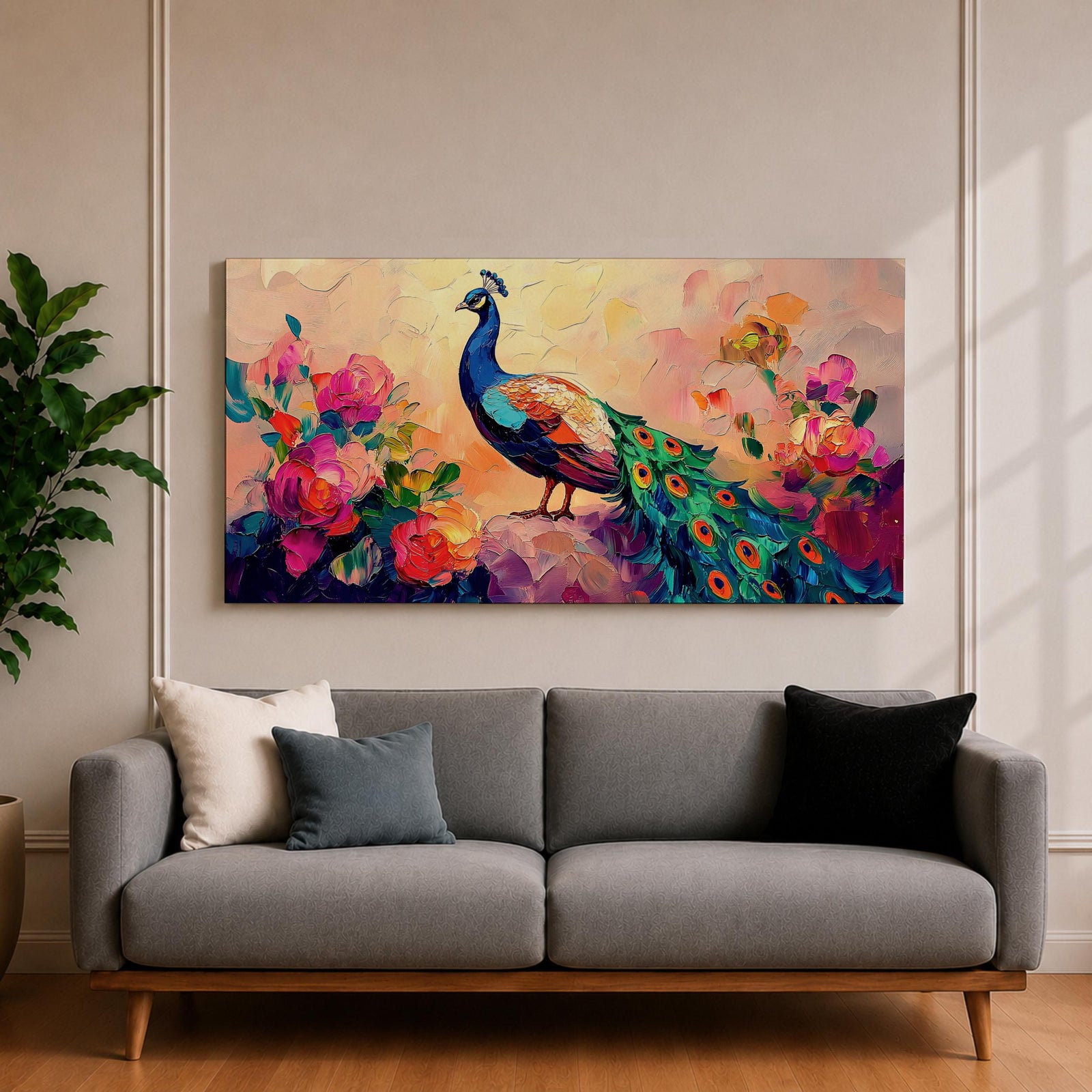 Panoramic painting of a peacock standing among blooming peony flowers with layered petals in pink, coral, and red tones. The bird displays vibrant blue and green plumage with eye patterned tail feathers while soft light and expressive brushstrokes create a lush botanical garden composition.